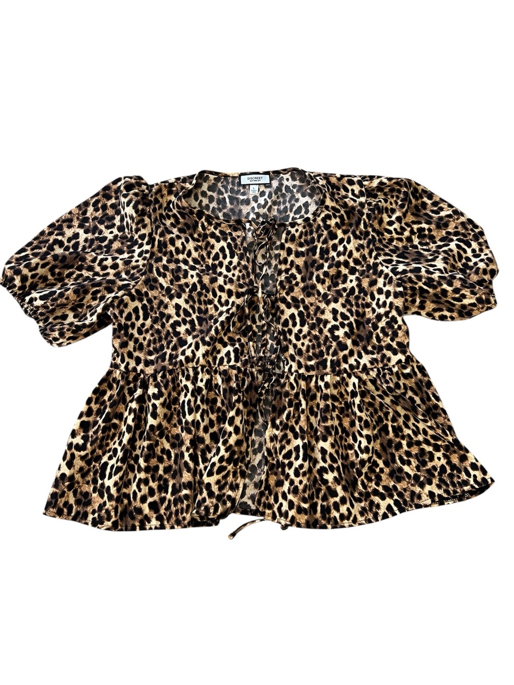 Discreet NYC Leopard Print Tie-Front Blouse Puff Sleeves Peplum Hem Size L